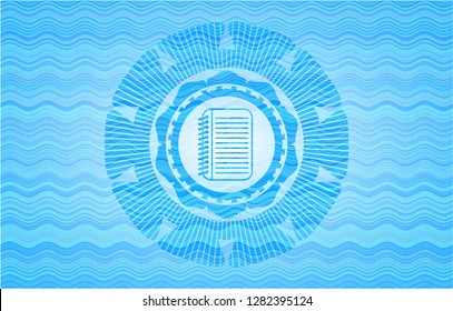 note book icon inside water representation style emblem.