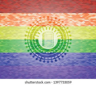 note book icon on mosaic background with the colors of the LGBT flag