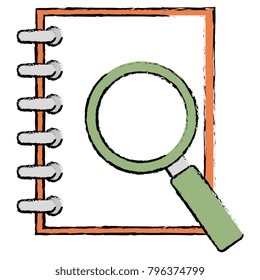 note book with magnifying glass