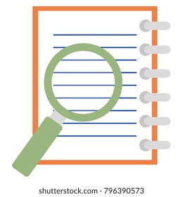 note book with magnifying glass