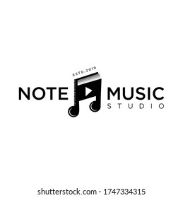 Note book Music Logo Icon Design. Music Book Logo Design.  Play music logo Template. Music Video Logo Icon Design Vector Stock
