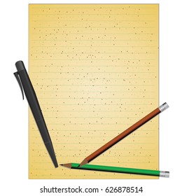 Note book paper with pencil and pen