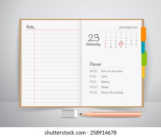 Libro de notas con lápiz, Elementos de trabajo de negocios para el diseño web, aplicaciones móviles, redes sociales.
