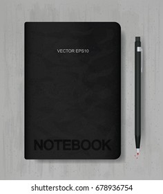 Note book and pencil on grunge concrete texture background. Vector illustration.