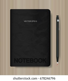 Note book and pencil on wood background. Vector illustration.