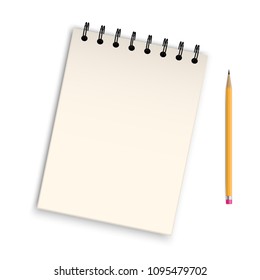 note book and pencil wite copy space isolated on white background.