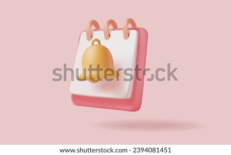 Note book or stick note icon with bell notification. Reminder calendar, Reminder notification, Events, Business planning, Sticky note, Reminder notification concept. 3d vector render illustration