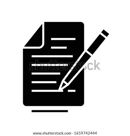 Note by pen black icon, concept illustration, vector flat symbol, glyph sign.