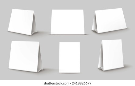 Note or calendar table card stand mockups, tent display or paper talker, realistic vector. 3D blank triangle tent card for menu display or trifold for table place card with white paper cardboard