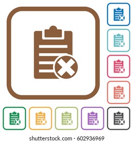 Note cancel simple icons in color rounded square frames on white background