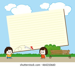 Note Card with a couple in love catch and throw paper plane at the park