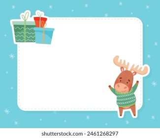 Note Card with Cute Christmas Elk Character with Pretty Face Vector Template