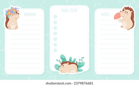 Notiz-Karte mit dem Cute-Hedgehog-Charakter und der Forest-Spiny-Kreatur, Vektorvorlage