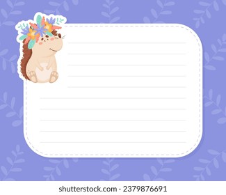 Note Card with Cute Hedgehog Character and Forest Spiny Creature Vector Template
