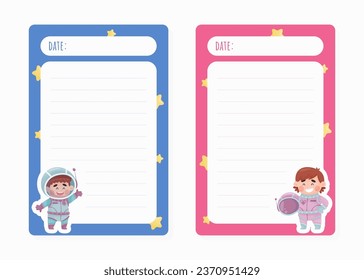 Note Card with Cute Kid Astronaut Character in Space Suit Vector Template