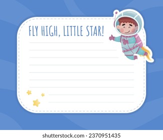 Note Card with Cute Kid Astronaut Character in Space Suit Vector Template