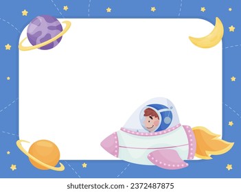 Note Card with Cute Kid Astronaut Character in Space Suit Vector Template