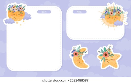 Note Card with Cute Moon with Flowers and Pretty Face Vector Template