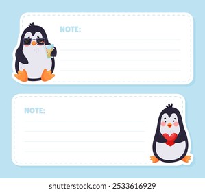 Tarjeta de nota con la Plantilla linda del Vector del carácter del pingüino