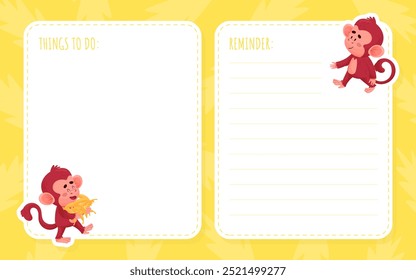 Note Card with Cute Playful Monkey Character Vector Template