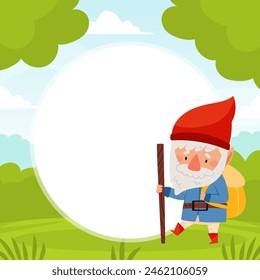 Note Card with Fantastic Gnome Character in Red Pointed Hat Vector Set