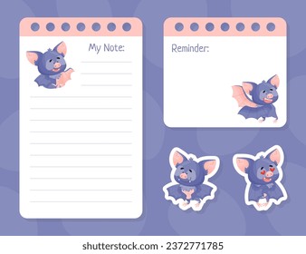 Note Card with Funny Purple Bat Character Vector Template