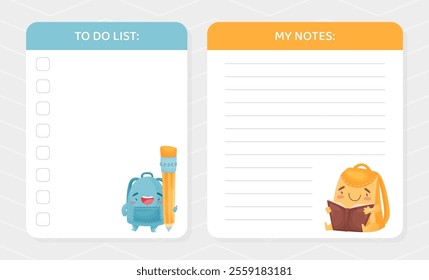 Note Card with Funny School Bag with Smiling Face Vector Template