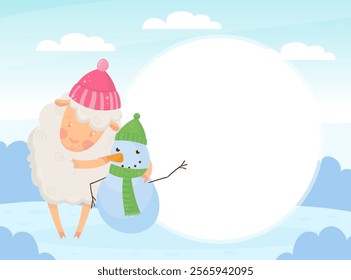 Note Card with Funny Sheep Farm Character with Wooly Body and Hoof Vector Template