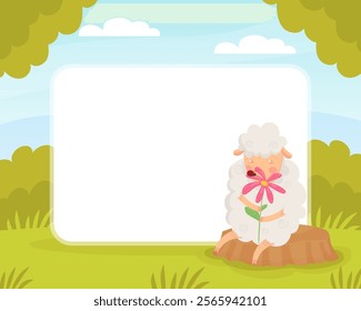 Note Card with Funny Sheep Farm Character with Wooly Body and Hoof Vector Template