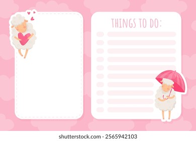 Note Card with Funny Sheep Farm Character with Wooly Body and Hoof Vector Template