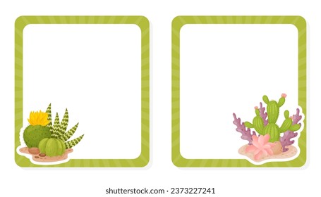 Note Card with Green Cactus Succulent Plant Grow in Soil Vector Template