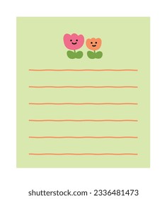 Note, card, letter design template illustration with hand drawn cute flower characters.