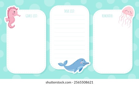 Note Card with Sea Animal and Marine Underwater Swimming Creature Vector Template