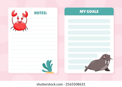 Note Card with Sea Animal and Marine Underwater Swimming Creature Vector Template