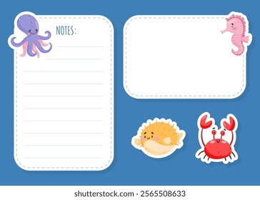 Note Card with Sea Animal and Marine Underwater Swimming Creature Vector Template