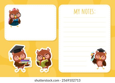 Note Card with Smart Owl Character as Forest Animal Vector Template