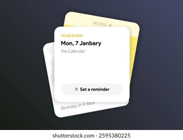 Note cards UI template with stacked reminder cards. Digital planner app for schedule, tasks, notifications, events, and to-do lists mock-up. Notes app. Editable vector illustration design