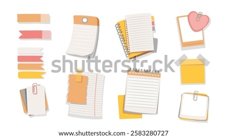 Note cartoon pad pages, paper stickers set. Funny ribbon bookmarks, notepad sheets with binder, metal clip post on board. Stationery, note mascot, cartoon cute memo messages vector illustration