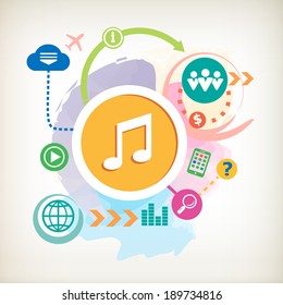 Note and cloud on abstract colorful watercolor background with different icon and elements. Design for the print, advertising.