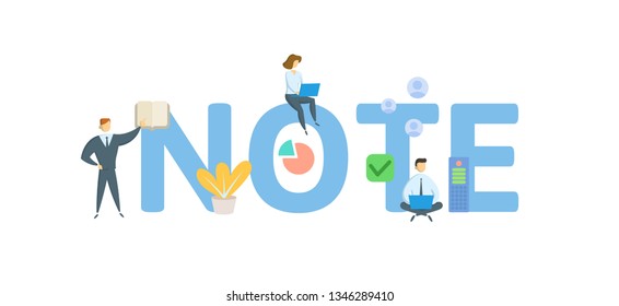 NOTE. Concept with people, letters and icons. Colored flat vector illustration. Isolated on white background.