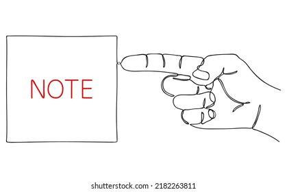 Nota. Dibujo continuo de una línea. Dedo señalando la pegatina de papel con Nota para negocios u oficina. Esbozo de estilo minimalista. Contexto editable dibujado a mano. Vector