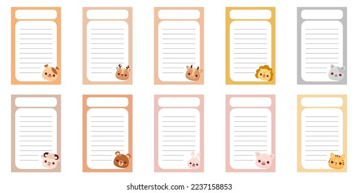 Note of cute animal label  illustration. Memo, paper, kindergarten, name tag, kid icon. Vector drawing. writing paper. Set