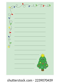 Note of cute christmas tree label  illustration. Memo, paper, kindergarten, name tag, kid icon. Vector drawing. writing paper.