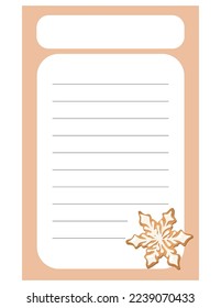 Note of cute snowflake label  illustration. Memo, paper, kindergarten, name tag, kid icon. Vector drawing. writing paper.
