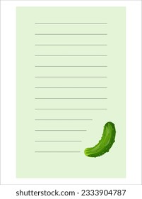 Nota de la ilustración de la etiqueta vegetal linda. Memo, papel. Dibujo de vectores. papel de escritura.Una hoja para grabar con pepino