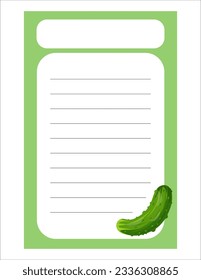 Note of cute vegetable label  illustration. Memo, paper. Vector drawing. writing paper.A sheet for recording with cucumber