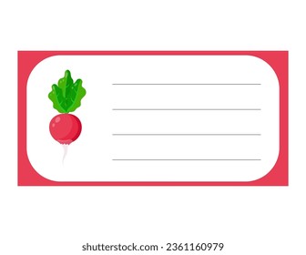 Note of cute vegetable  radish label  illustration. Memo, paper. Vector drawing. writing paper