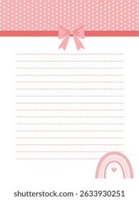 Note or diary page in pink with a bow and delicate rainbow 