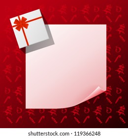 Note with gift on red christmas background. EPS10 vector.