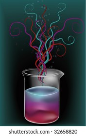 Note: Gradient Meshes are used. Image of a beaker with colorful liquid, swirling lines and bubbly stars coming out of it. The beaker and liquid are created with a gradient mesh.